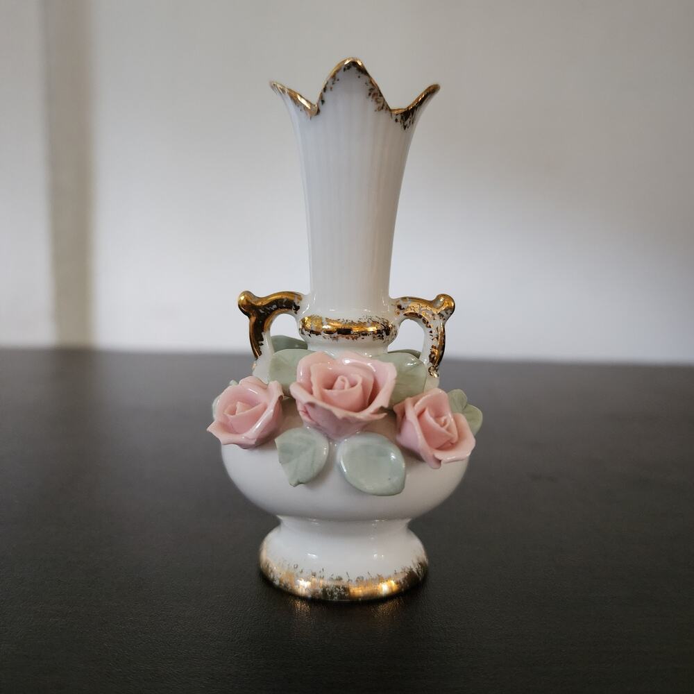 Vintage Lefton China Miniature Vase Porcelain Roses Gold Trim Hand Painted 3.5"